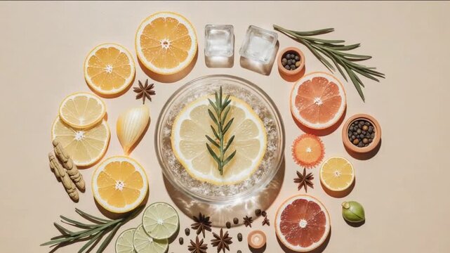 citrus fruit slices and aromatic spices arranged in a circular pattern around glass bowl with herb garnish
