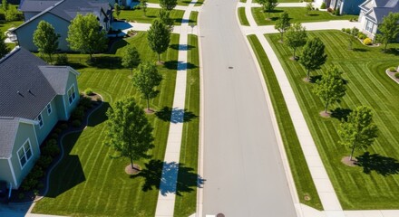 Aerial perspective of a well-maintained suburban neighborhood with lush green lawns and trees.