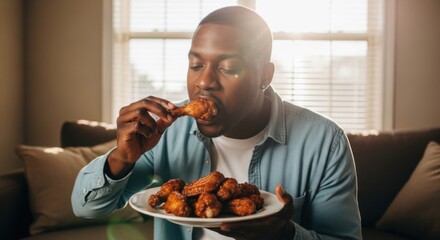 A man happily eating delicious fried chicken wings indoors at home.