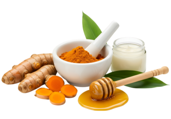 Turmeric root, powder in a mortar and pestle, honey, and cream for natural beauty treatments isolated on transparent background