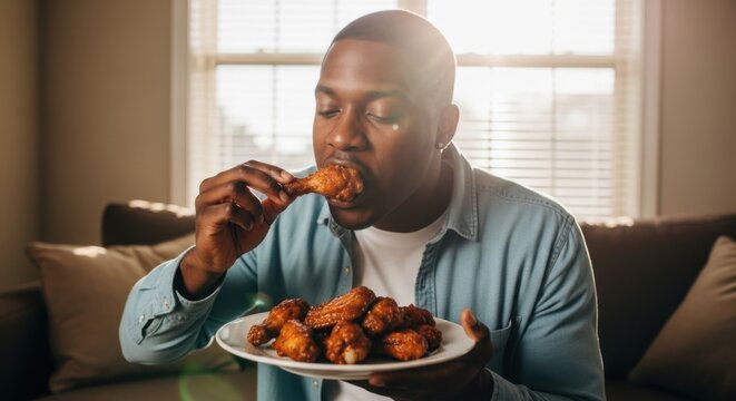A man happily eating delicious fried chicken wings indoors at home. - Powered by Adobe
