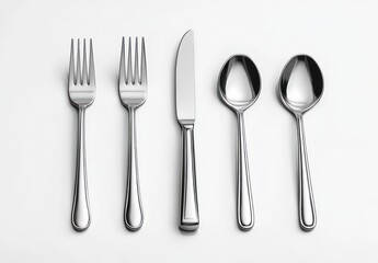 Set of five polished stainless steel cutlery pieces including two forks, one knife, and two spoons arranged in a row on white background