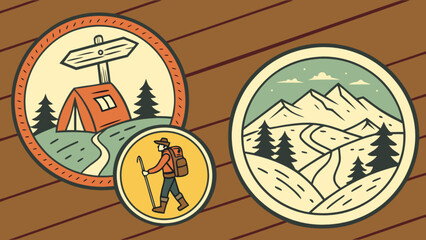 Camping hiking adventure travel badge set vector graphic for outdoor nature and mountain exploration trips