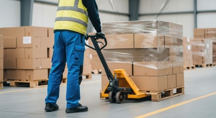 A warehouse worker moves a pallet of packaged boxes using a pallet jack inside a storage facility.