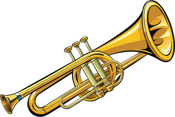 Obraz premium Vibrant Golden Trumpet Illustration Depicting a Brass Musical Instrument with Intricate Valve and Bell Detailing on a White Background
