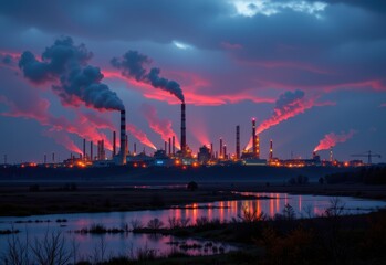 an industrial skyline glows red at night steam and smoke mix over wetlands as amphibians vanish raw fossil fuel production changing delicate water dependent habitats forever
