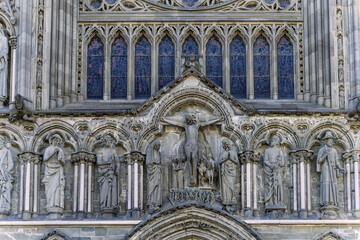 Fototapeta premium Grand Gothic Cathedral Architecture with Sunlight on a Clear Blue Sky, Nidaros, Trondheim, Norway