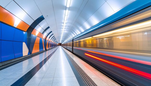 Modern subway station with sleek design, geometric wall patterns, and a train in motion creating light streaks. A dynamic scene of urban transit and infrastructure.