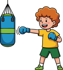 Boy training with blue and green punching bag wearing boxing gloves and casual sport clothes vector illustration 