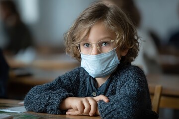 School child wearing face mask during a lesson in classroom setting focused on learning and safety amid ongoing health concerns with peers in the background