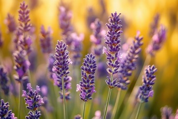 Obraz premium Close-up of vibrant purple lavender flowers glowing softly against a warm golden blurred background, evoking calmness and natural beauty