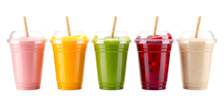 Assortment of five colorful smoothies in plastic cups with straws, isolated on transparent background.