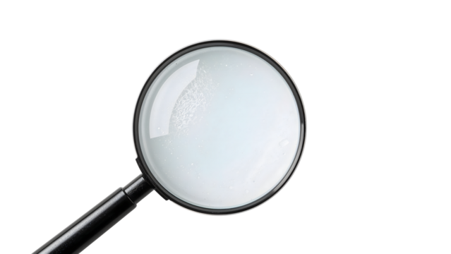 Magnifying glass closeup on the transparent background symbolizing search, focus, detection, analysis, and investigation concepts