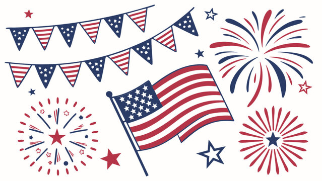 American independence day vector with flag bunting and fireworks patriotic celebration design, july fourth