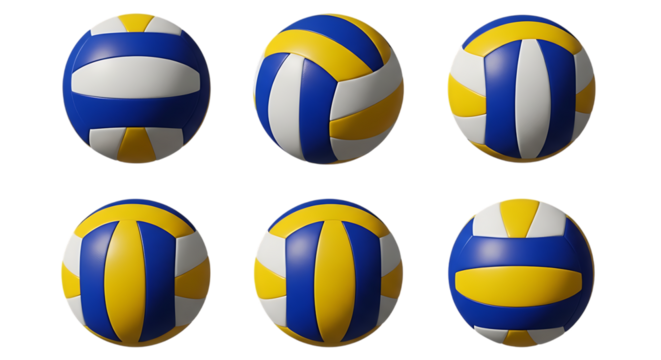 Six different volleyballs with blue, yellow and white panels, isolated on transparent background.

