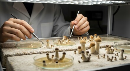 Scientist examining and cultivating mushrooms in a controlled laboratory environment, focused on research.