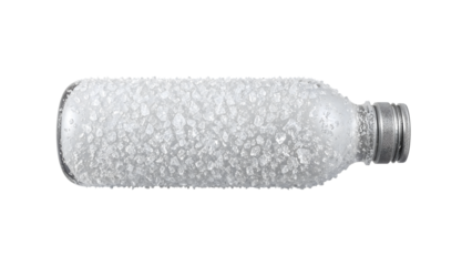 Chilled glass bottle with frost crystals on surface isolated on white for refreshment and beverage concepts