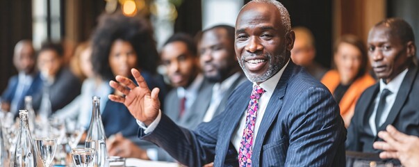 Man speaking at a business meeting with diverse colleagues. African American businessman sharing ideas during conference. Professional discussion, corporate leadership, and team collaboration.