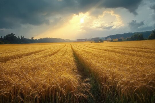 Golden wheat field under dramatic cloudy sky with sun rays breaking through, distant trees and small houses on the horizon evoking calm and warmth - Powered by Adobe