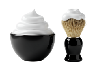 Shaving foam in a black bowl and a shaving brush, isolated on transparent background.

