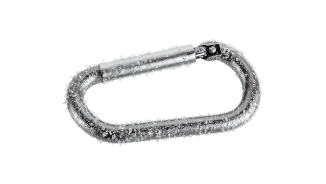 Frozen metal carabiner covered in ice crystals isolated on the transparent background for winter sports safety