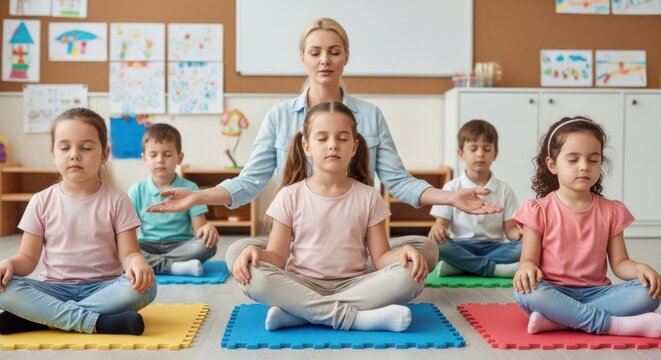 Teacher guides young children in a mindfulness and meditation exercise for relaxation and focus.