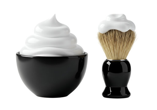 Shaving foam in a black bowl and a shaving brush, isolated on transparent background.


