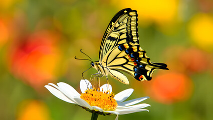 A monarch butterfly with vibrant orange wings rests on a beautiful yellow flower in a summer garden