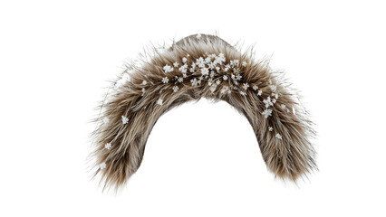 Fur hood trim with snowflakes on the transparent background isolated, winter fashion accessory for cold weather and outdoor style