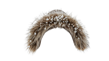 Fur hood trim with snowflakes on the transparent background isolated, winter fashion accessory for cold weather and outdoor style