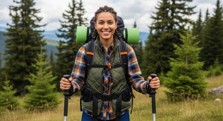 A smiling woman enjoys a hike in the mountains, ready for her outdoor adventure.
