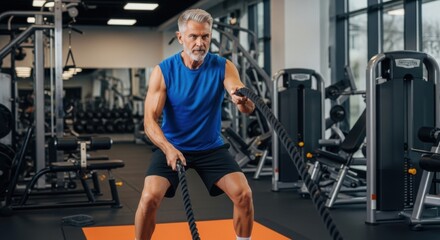 A determined senior man is working out with battle ropes in a modern gym setting.