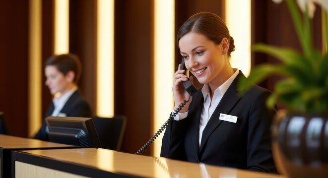 Happy hotel receptionist talking on the phone at the front desk