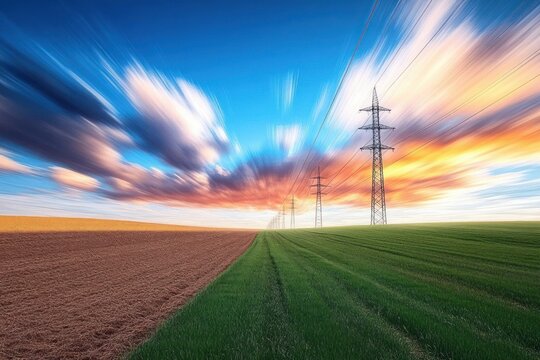 Vibrant sunset sky over contrasting green and brown farmland divided by a dirt path with tall electricity pylons stretching into the distance - Powered by Adobe