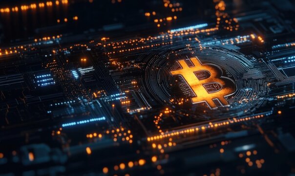 Close-up of a glowing digital circuit board with a central bright orange symbol resembling a bitcoin sign, surrounded by intricate blue and orange lights and pathways