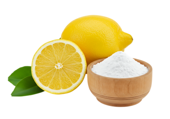 Fresh lemon with half slice and a bowl of white powder, Isolated on transparent background

