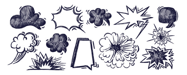 Comic boom pencil set. Hand drawn speech bubbles