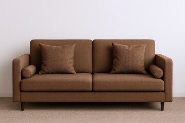 Comfortable Brown Sofa with Textured Cushions and Bolster Accent, Modern Living Room Furniture Display