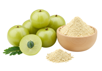 A group of fresh green Amla fruits, with one sliced in half, next to a wooden bowl and a small pile of Amla powder. Isolated on transparent background

