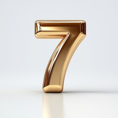 Shiny metallic gold number seven standing upright on a reflective white surface with soft lighting