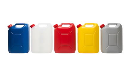 Empty plastic canisters of various colors in a row Isolated on transparent background

