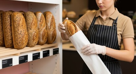 A baker packing a loaf of fresh artisan bread in a bakery setting ready for sale.