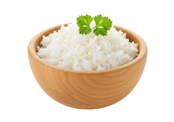 A wooden bowl of fluffy white steamed rice, garnished with a sprig of parsley. Isolated on transparent background


