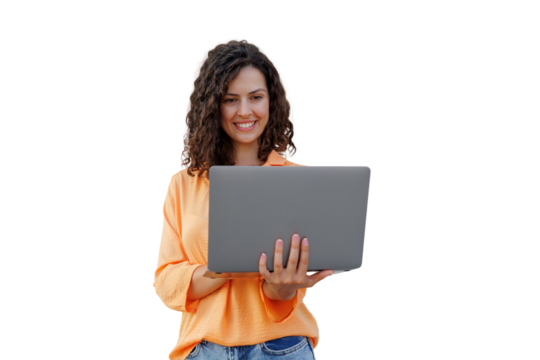 Smiling businesswoman with curly hair working on laptop, isolated against transparent backdrop