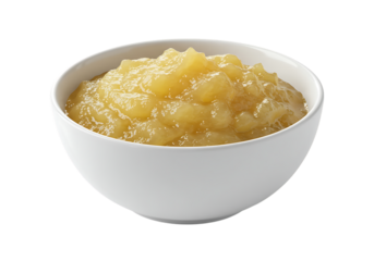 A white ceramic bowl filled with chunky, homemade applesauce. Isolated on transparent background

