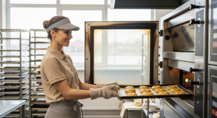 A baker happily holds a tray of freshly baked goods in a commercial kitchen.