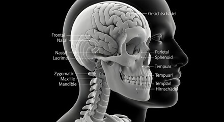 Human Skull and Brain Anatomy: 3D Model with Labeled Bones and Cranial Structures