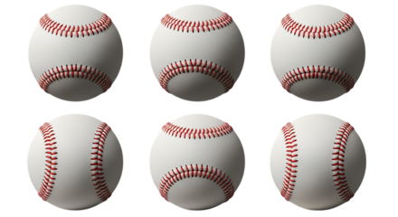 Set of six baseballs from different angles, Isolated on transparent background

