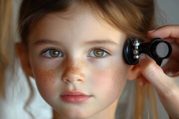 close-up of a young girl with freckles having her ear examined with an otoscope by a medical professional in a clinical setting