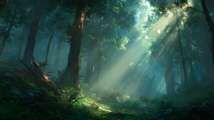 Obraz premium Sunlight through dense forest canopy. AI generated